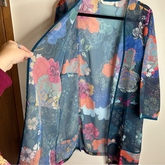 Soft Surroundings Multicolor Floral Kimono Womens L sheer layer Boho Hippie - Picture 9 of 12
